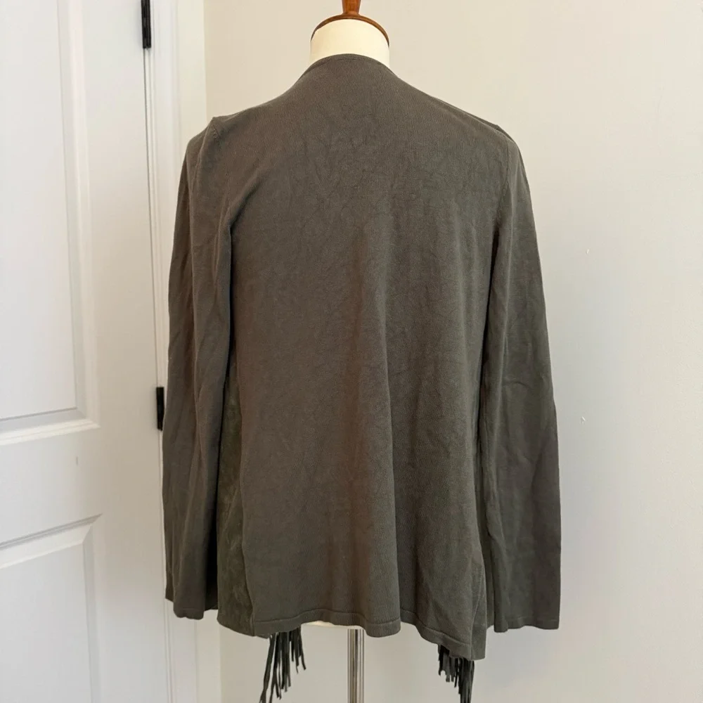 INC Olive Green Fringe Front‎ Knit Long Sleeve Cardigan Sweater Size S Western